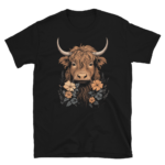 A Nicheink Highland Cow Graphic Tee - Rustic Sunset Mountain Design T-Shirt with an image of a highland cow with flowers.