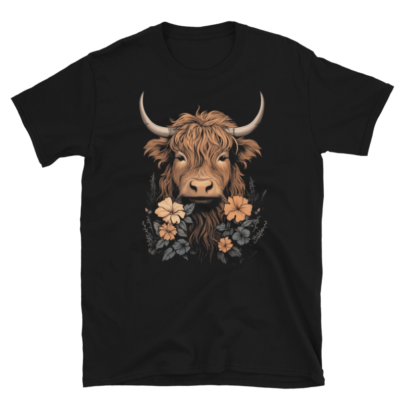 A Nicheink Highland Cow Graphic Tee - Rustic Sunset Mountain Design T-Shirt with an image of a highland cow with flowers.