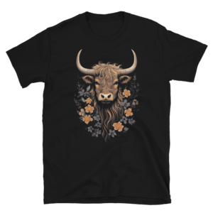 A Nicheink Highland Cow Graphic T-Shirt – Rustic Animal Print Tee with an image of a bull with flowers.