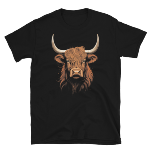 A Nicheink Highland Cow Graphic T-Shirt - Night Sky and Wilderness with an image of a highland bull.