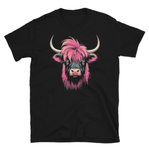 A Nicheink Highland Cow T-Shirt: Unique Vibrant Animal Graphic Tee with a pink highland cow on it.
