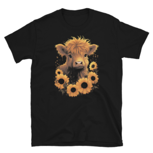 A Nicheink Highland Cow T-Shirt with Sunflowers - Rustic Farmhouse Apparel.