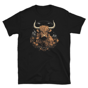 A Nicheink Highland Cow T-Shirt - Cosmic Horned Cattle Tee with an image of a highland bull.