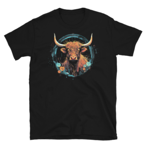 A Nicheink Highland Cow T-Shirt: Majestic Scottish Wildlife Graphic Tee with an image of a bull with horns.