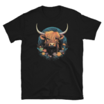 A Nicheink Highland Cow T-Shirt - Vibrant Farm Animal Art Tee with an image of a highland bull.