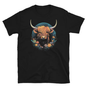A Nicheink Highland Cow T-Shirt - Vibrant Farm Animal Art Tee with an image of a highland bull.