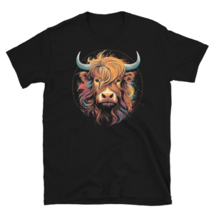 A Nicheink Highland Cow Graphic Tee - Artistic Nature-Inspired T-Shirt Design with an image of a highland cow.