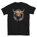 A Nicheink Highland Cow Graphic Tee â Rustic Farmhouse Style T-Shirt for Nature Lovers with an image of a highland bull.
