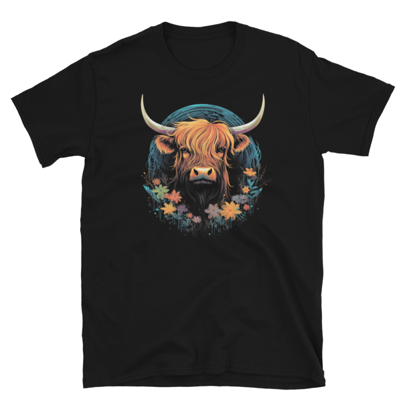 A Nicheink Highland Cow Graphic Tee â Rustic Farmhouse Style T-Shirt for Nature Lovers with an image of a highland bull.